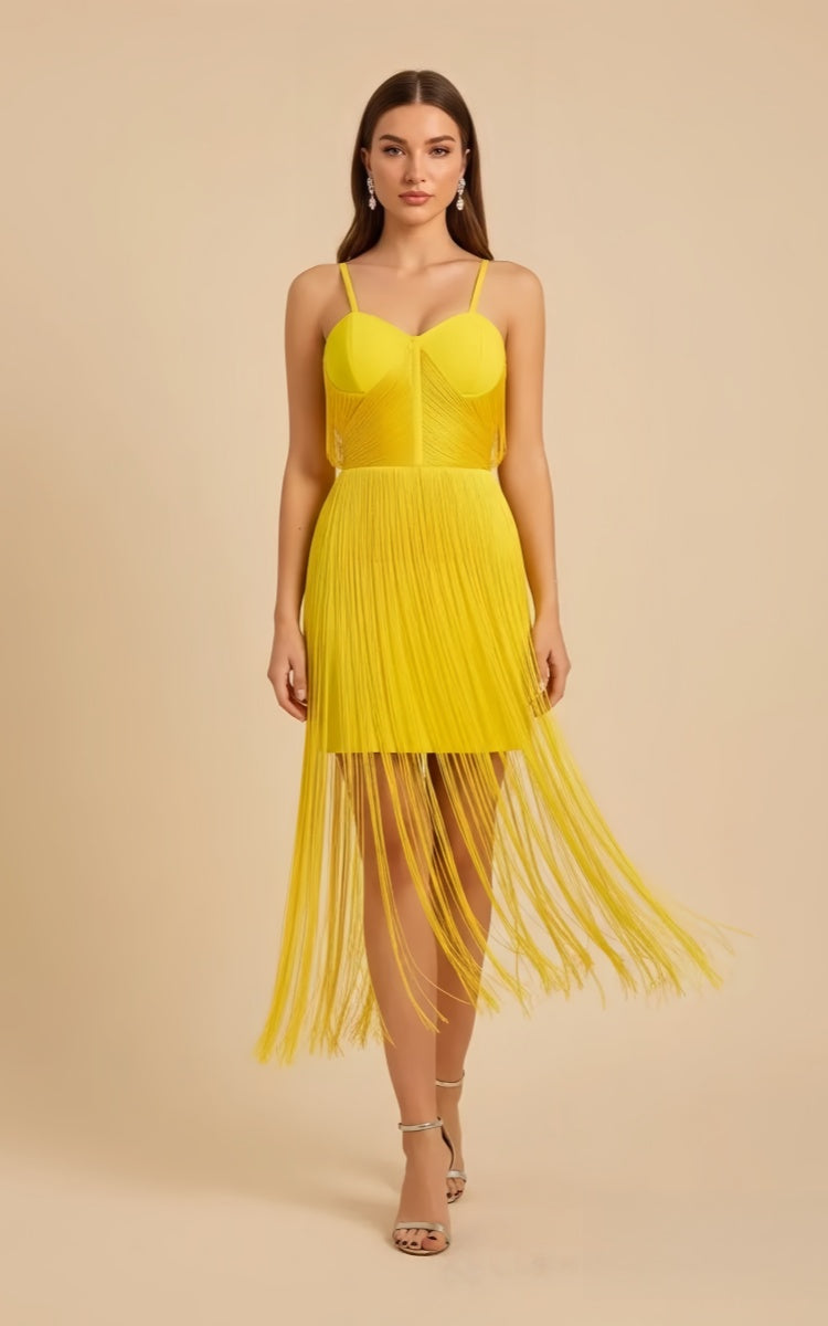 Juliette Yellow Fringe Midi Bandage Dress
