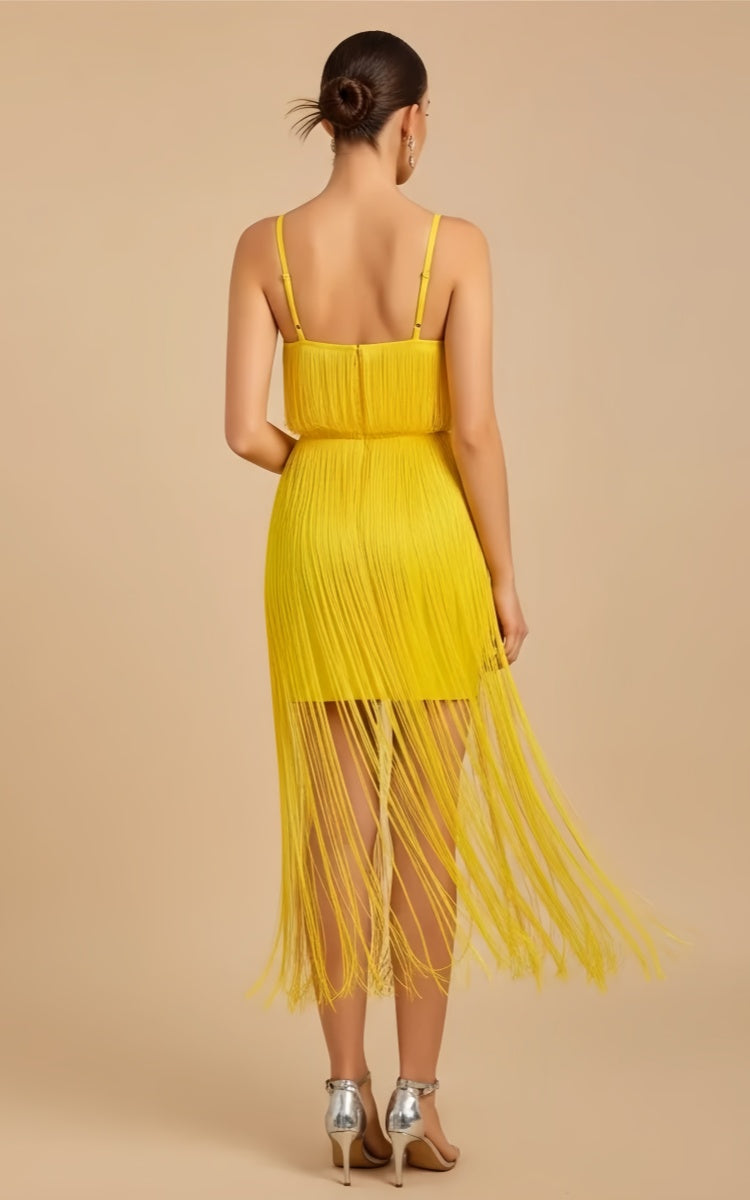 Juliette Yellow Fringe Midi Bandage Dress