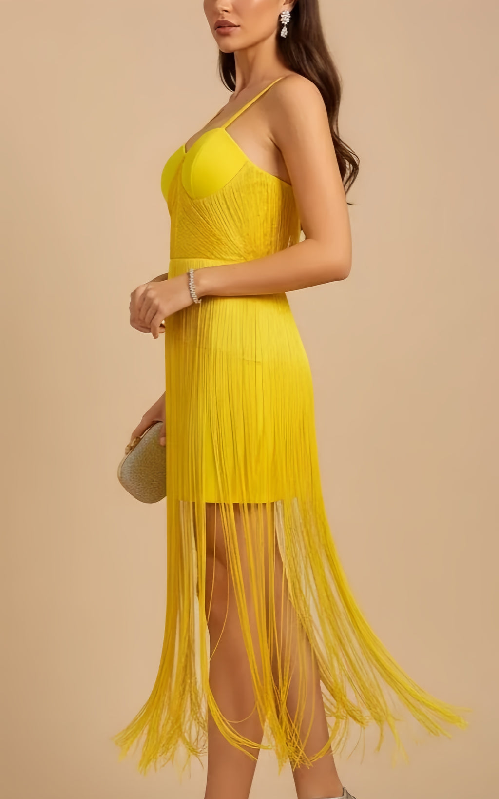 Juliette Yellow Fringe Midi Bandage Dress