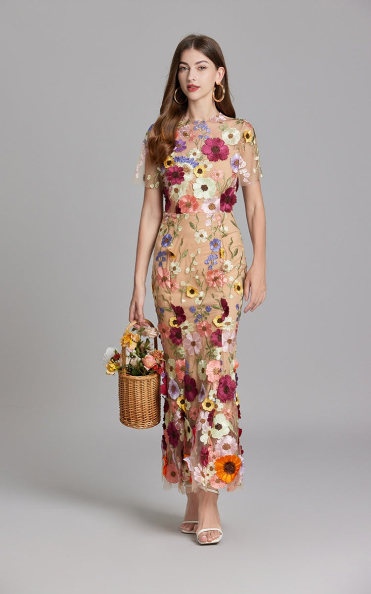 Keira Apricot 3D Floral Short Sleeve Maxi Dress