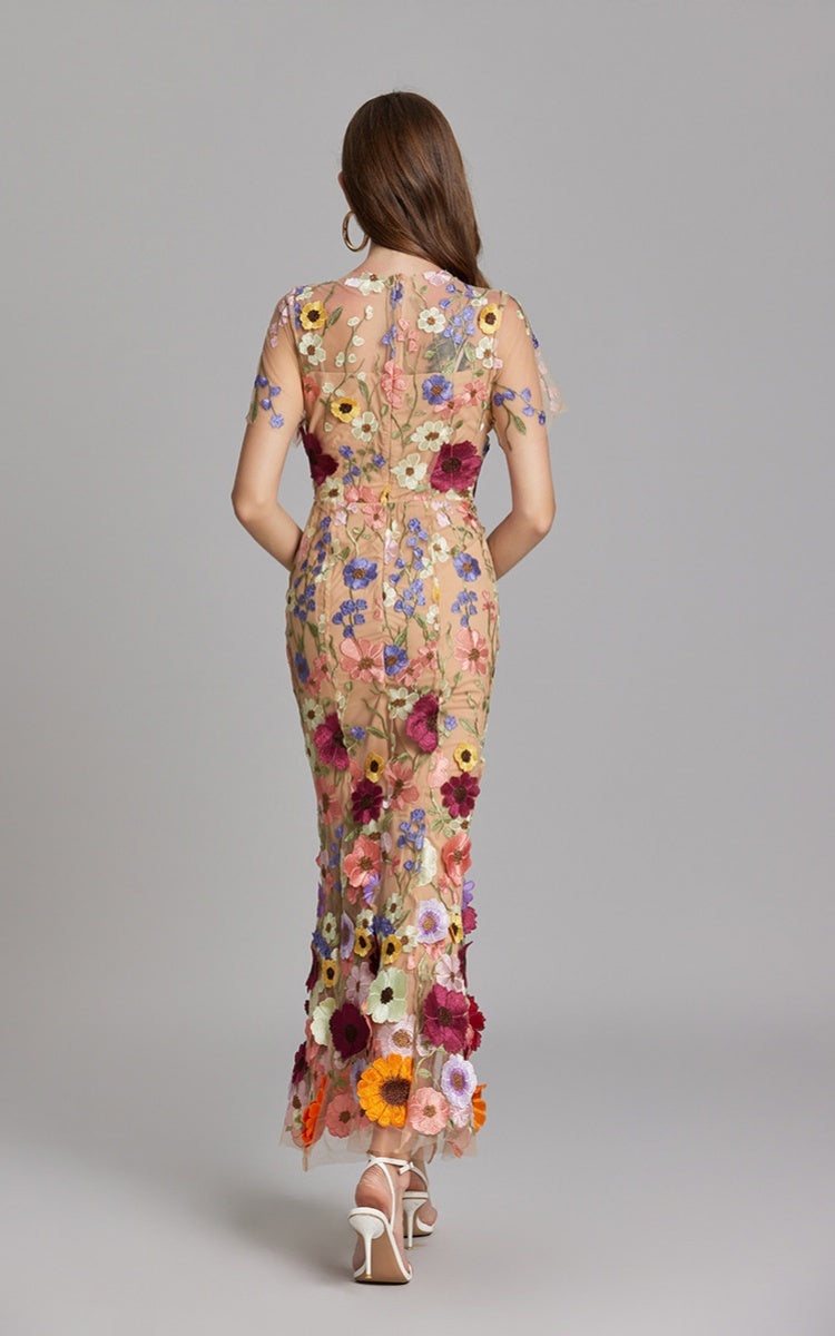 Keira Apricot 3D Floral Short Sleeve Maxi Dress