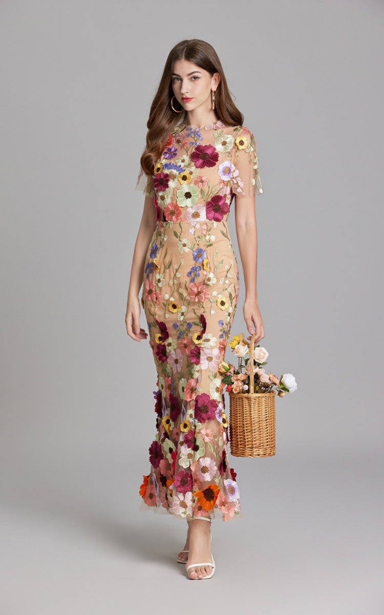Keira Apricot 3D Floral Short Sleeve Maxi Dress