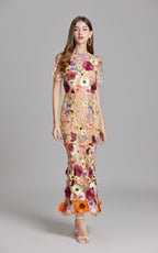 Keira Apricot 3D Floral Short Sleeve Maxi Dress