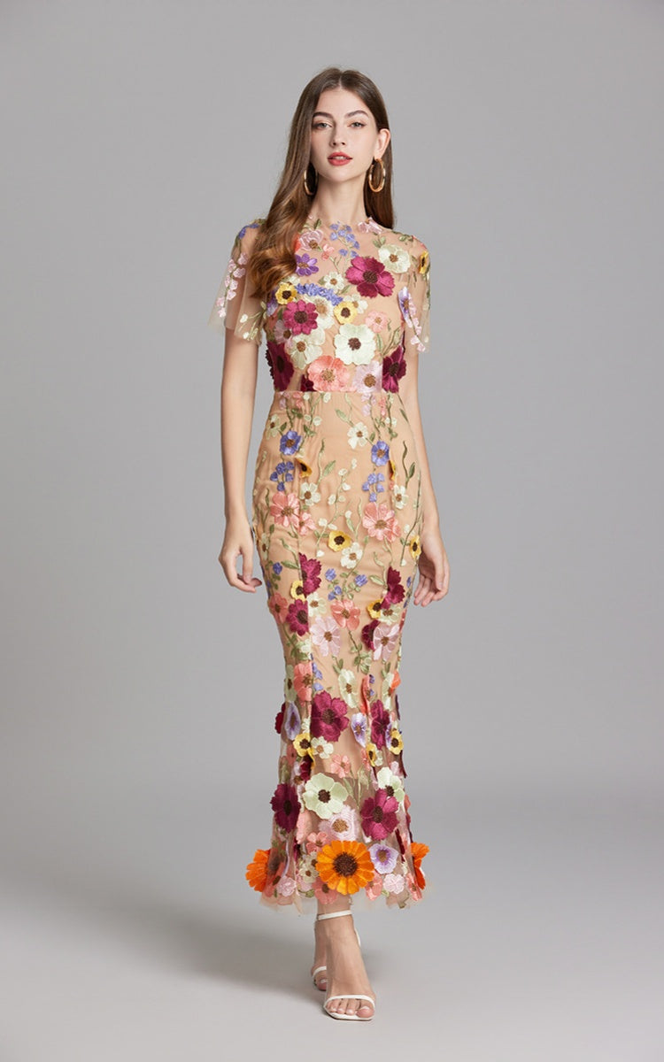 Keira Apricot 3D Floral Short Sleeve Maxi Dress