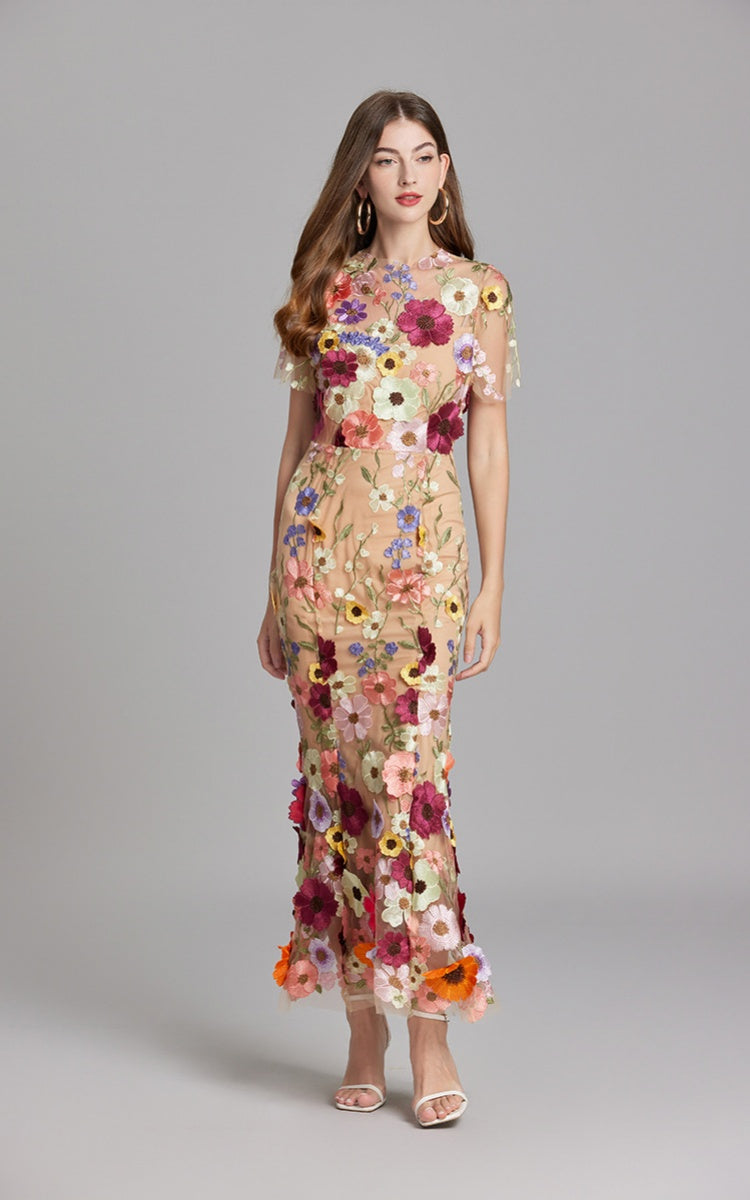 Keira Apricot 3D Floral Short Sleeve Maxi Dress
