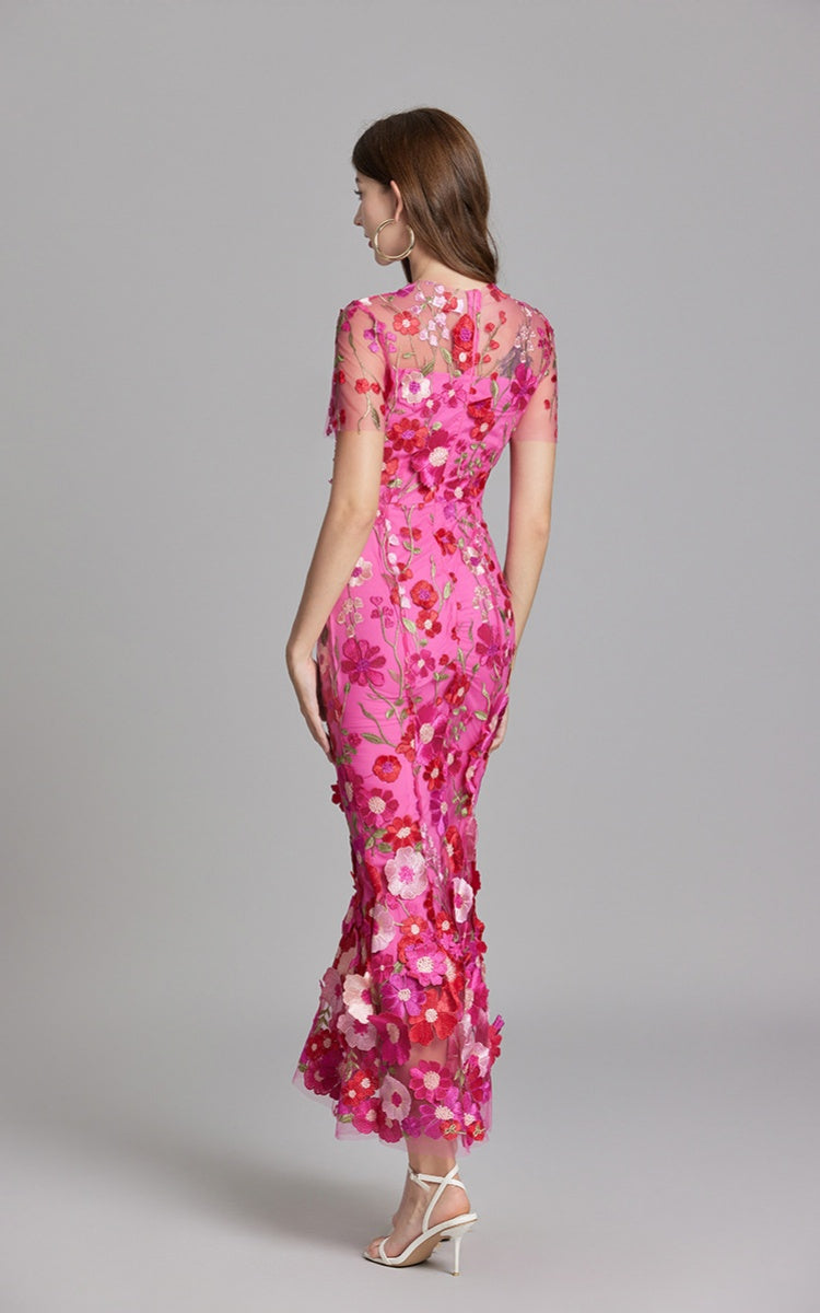 Keira Fuchsia 3D Floral Short Sleeve Maxi Dress