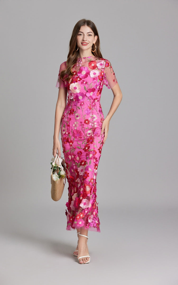 Keira Fuchsia 3D Floral Short Sleeve Maxi Dress