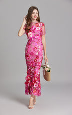 Keira Fuchsia 3D Floral Short Sleeve Maxi Dress