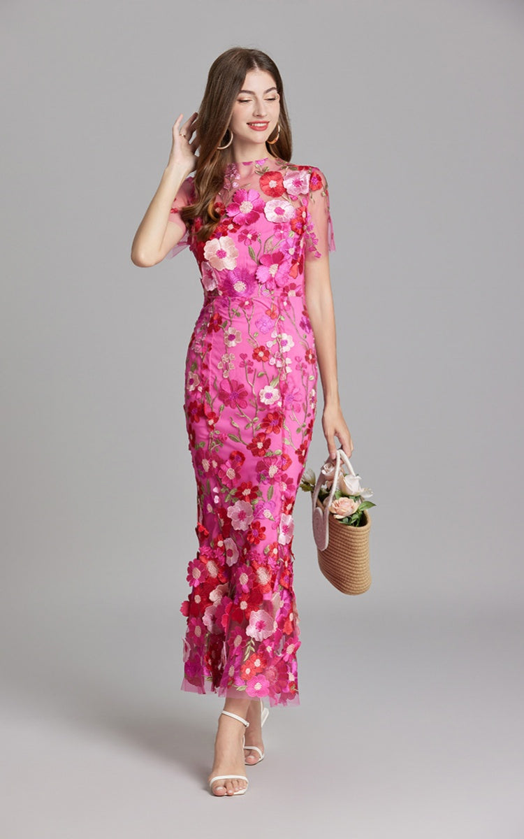 Keira Fuchsia 3D Floral Short Sleeve Maxi Dress