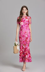 Keira Fuchsia 3D Floral Short Sleeve Maxi Dress