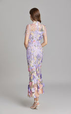 Keira Purple 3D Floral Short Sleeve Maxi Dress