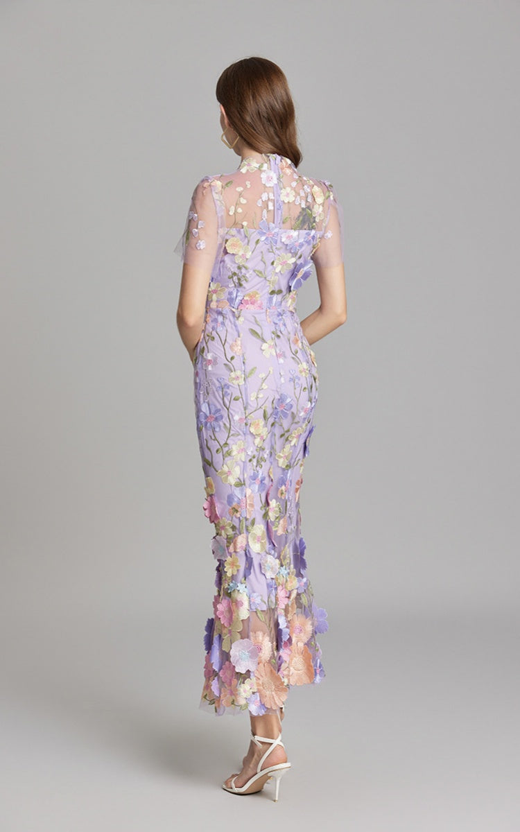 Keira Purple 3D Floral Short Sleeve Maxi Dress