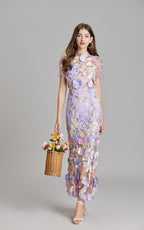 Keira Purple 3D Floral Short Sleeve Maxi Dress