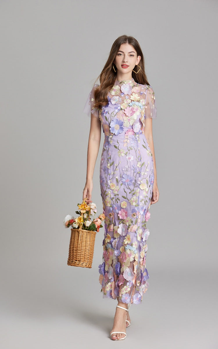 Keira Purple 3D Floral Short Sleeve Maxi Dress