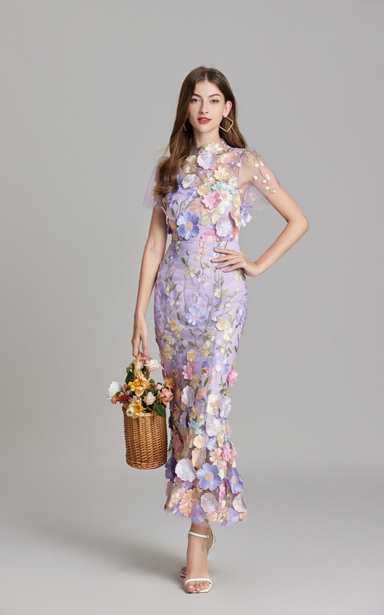 Keira Purple 3D Floral Short Sleeve Maxi Dress