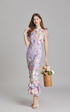 Keira Purple 3D Floral Short Sleeve Maxi Dress