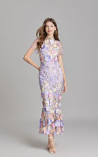 Keira Purple 3D Floral Short Sleeve Maxi Dress