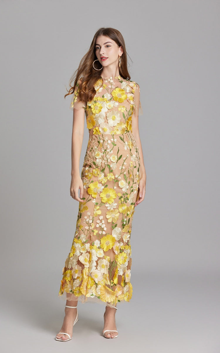 Keira Yellow 3D Floral Short Sleeve Maxi Dress