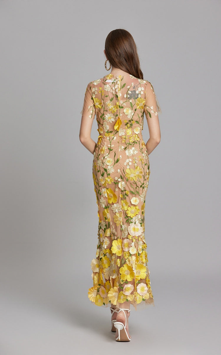 Keira Yellow 3D Floral Short Sleeve Maxi Dress