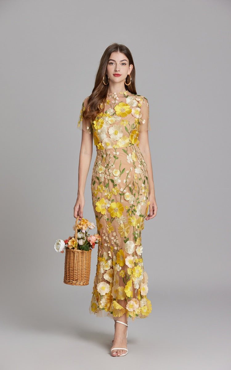 Keira Yellow 3D Floral Short Sleeve Maxi Dress