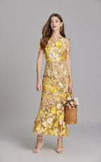 Keira Yellow 3D Floral Short Sleeve Maxi Dress