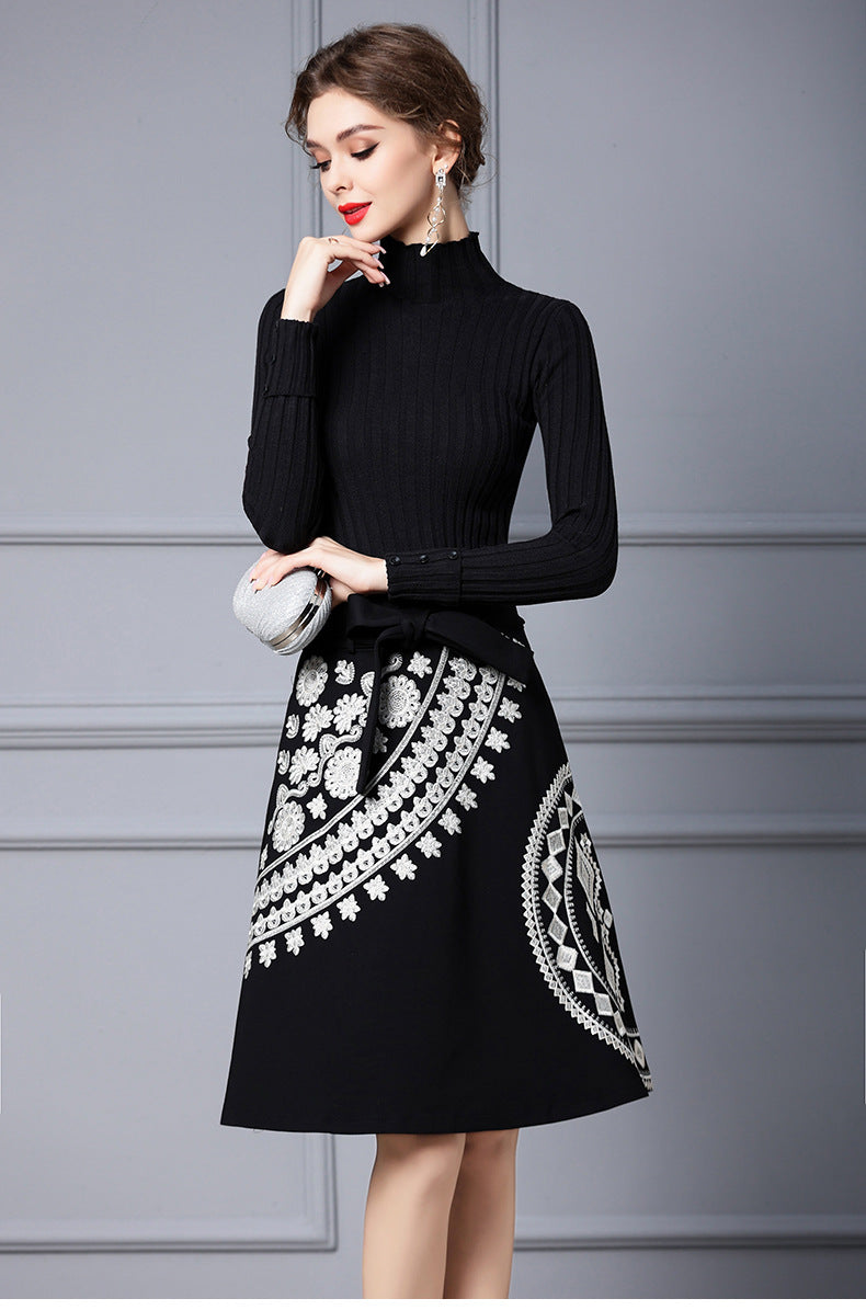 Nydia Knit Embroidered Midi Dress In Black - PDC