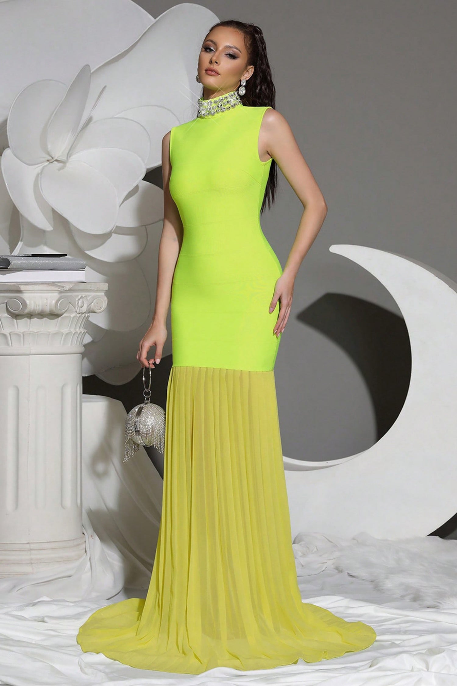 Lachlan Neon Green High Neck Diamond Bandage Dress Secondary image