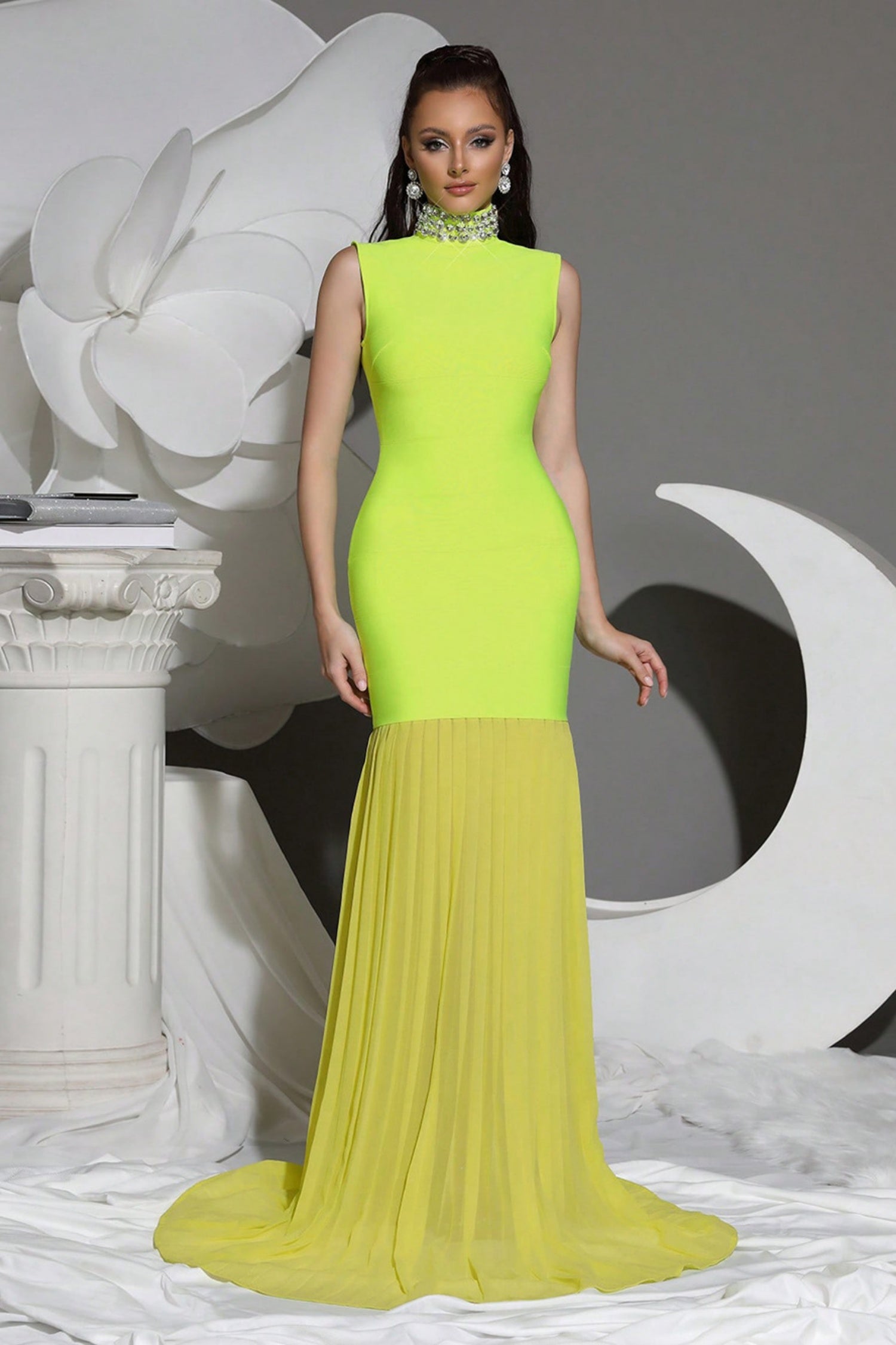 Lachlan Neon Green High Neck Diamond Bandage Dress Main image