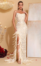 Landon Apricot Sequin Pearl Feather Dress