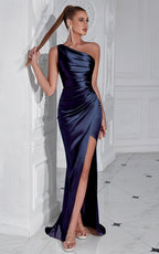 Lara Navy Blue Pleated One-Shoulder Maxi Dress