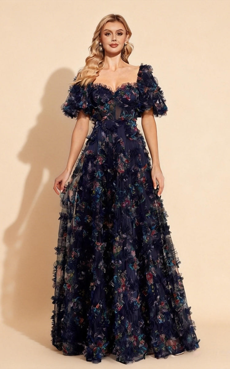 Lena Navy Blue Backless Floral Maxi Dress Main image