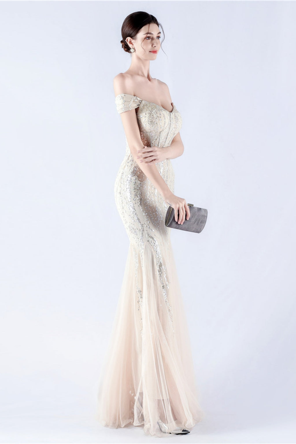 Lennon Apricot Sequin Tulle Maxi Evening Dress
