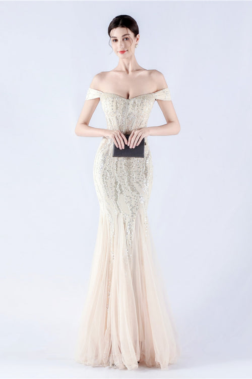 Lennon Apricot Sequin Tulle Maxi Evening Dress