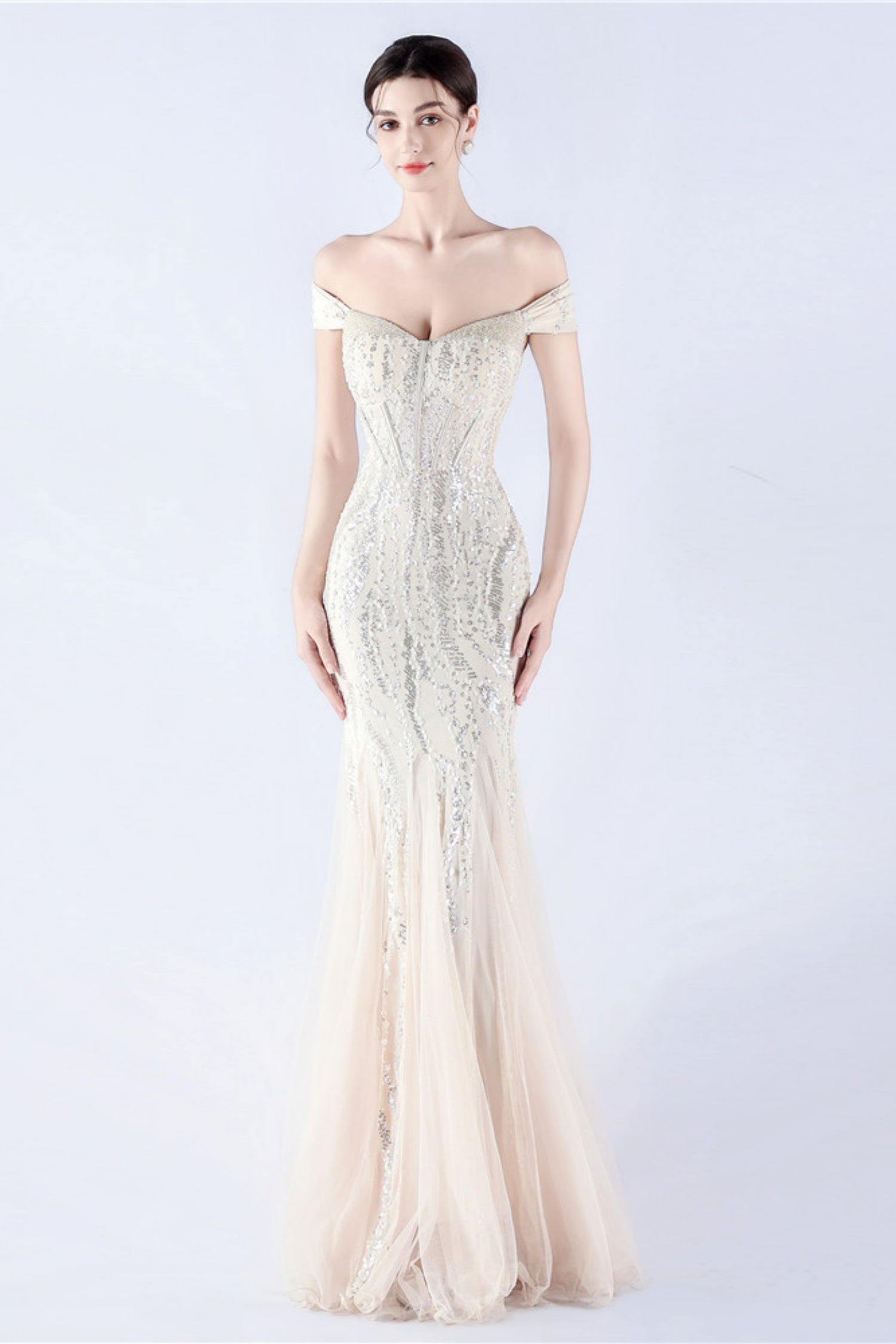 Lennon Apricot Sequin Tulle Maxi Evening Dress