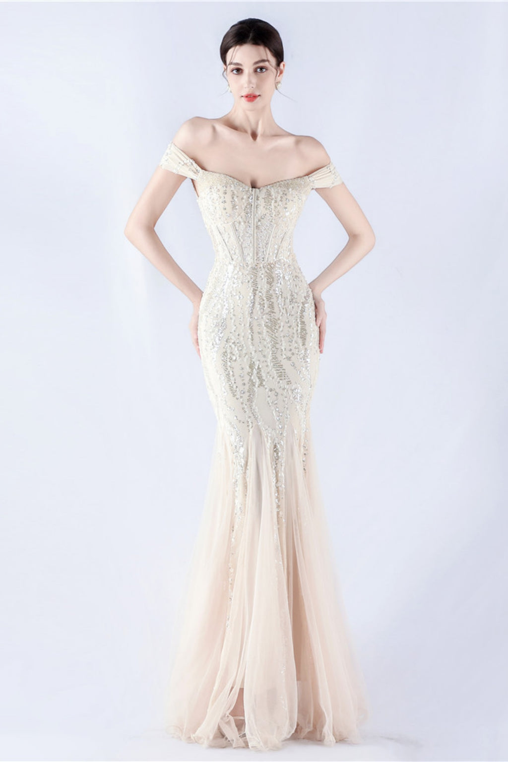 Lennon Apricot Sequin Tulle Maxi Evening Dress