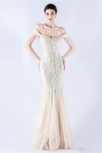 Lennon Apricot Sequin Tulle Maxi Evening Dress