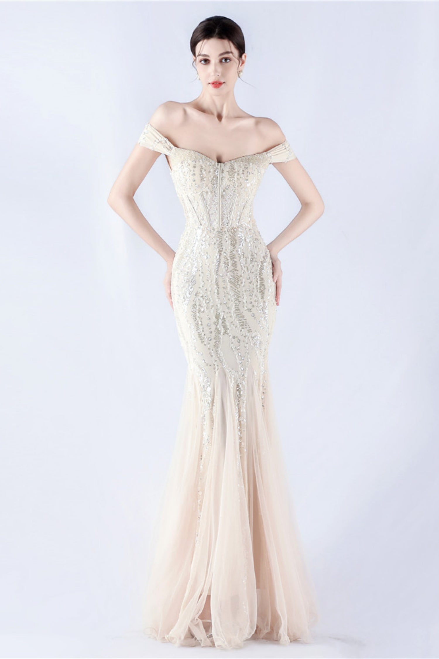 Lennon Apricot Sequin Tulle Maxi Evening Dress