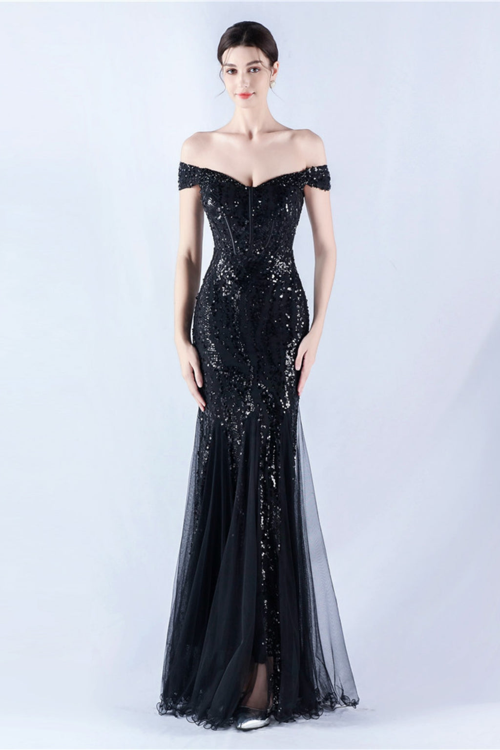 Lennon Black Sequin Tulle Maxi Evening Dress