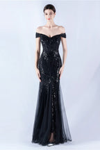 Lennon Black Sequin Tulle Maxi Evening Dress