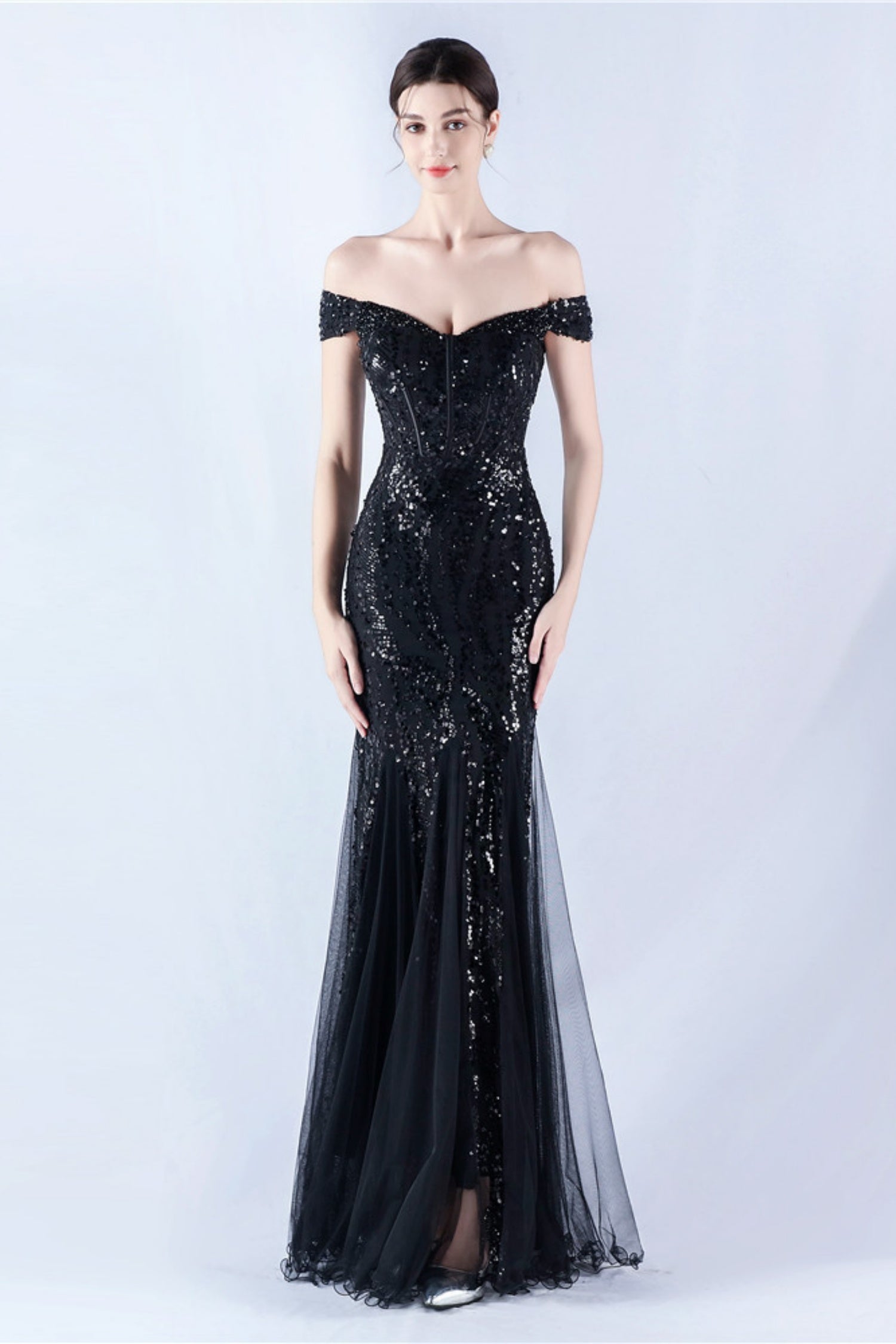 Lennon Black Sequin Tulle Maxi Evening Dress