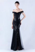 Lennon Black Sequin Tulle Maxi Evening Dress