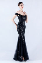 Lennon Black Sequin Tulle Maxi Evening Dress