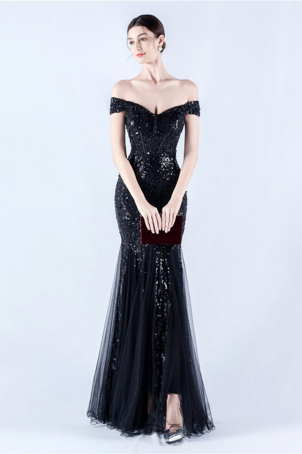 Lennon Black Sequin Tulle Maxi Evening Dress