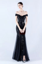 Lennon Black Sequin Tulle Maxi Evening Dress