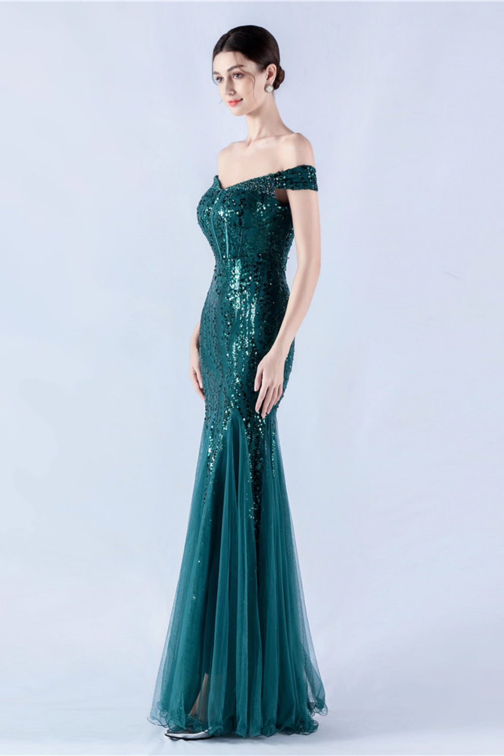 Lennon Dark Green Sequin Tulle Maxi Evening Dress