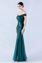 Lennon Dark Green Sequin Tulle Maxi Evening Dress