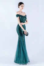 Lennon Dark Green Sequin Tulle Maxi Evening Dress