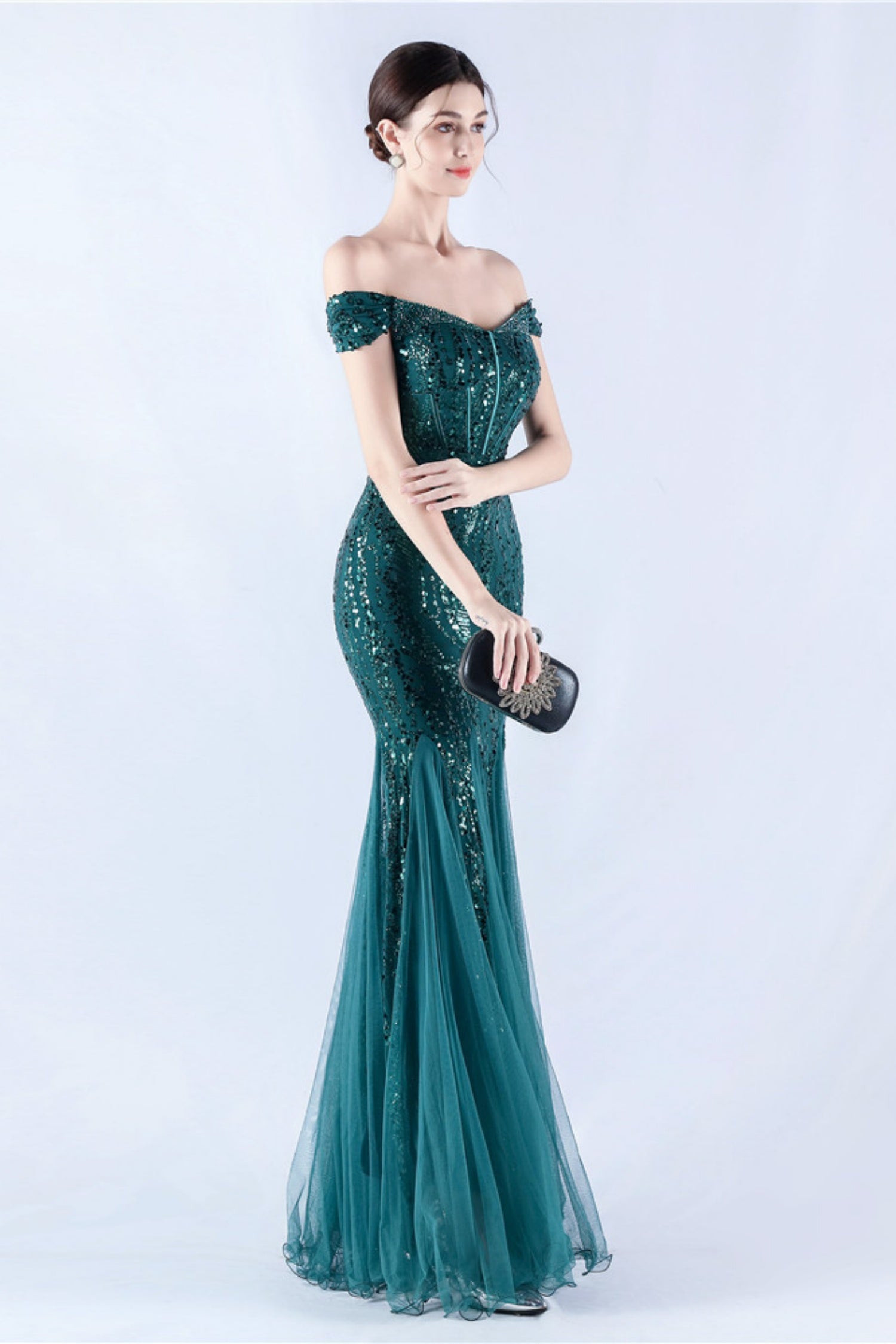 Lennon Dark Green Sequin Tulle Maxi Evening Dress