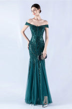 Lennon Dark Green Sequin Tulle Maxi Evening Dress