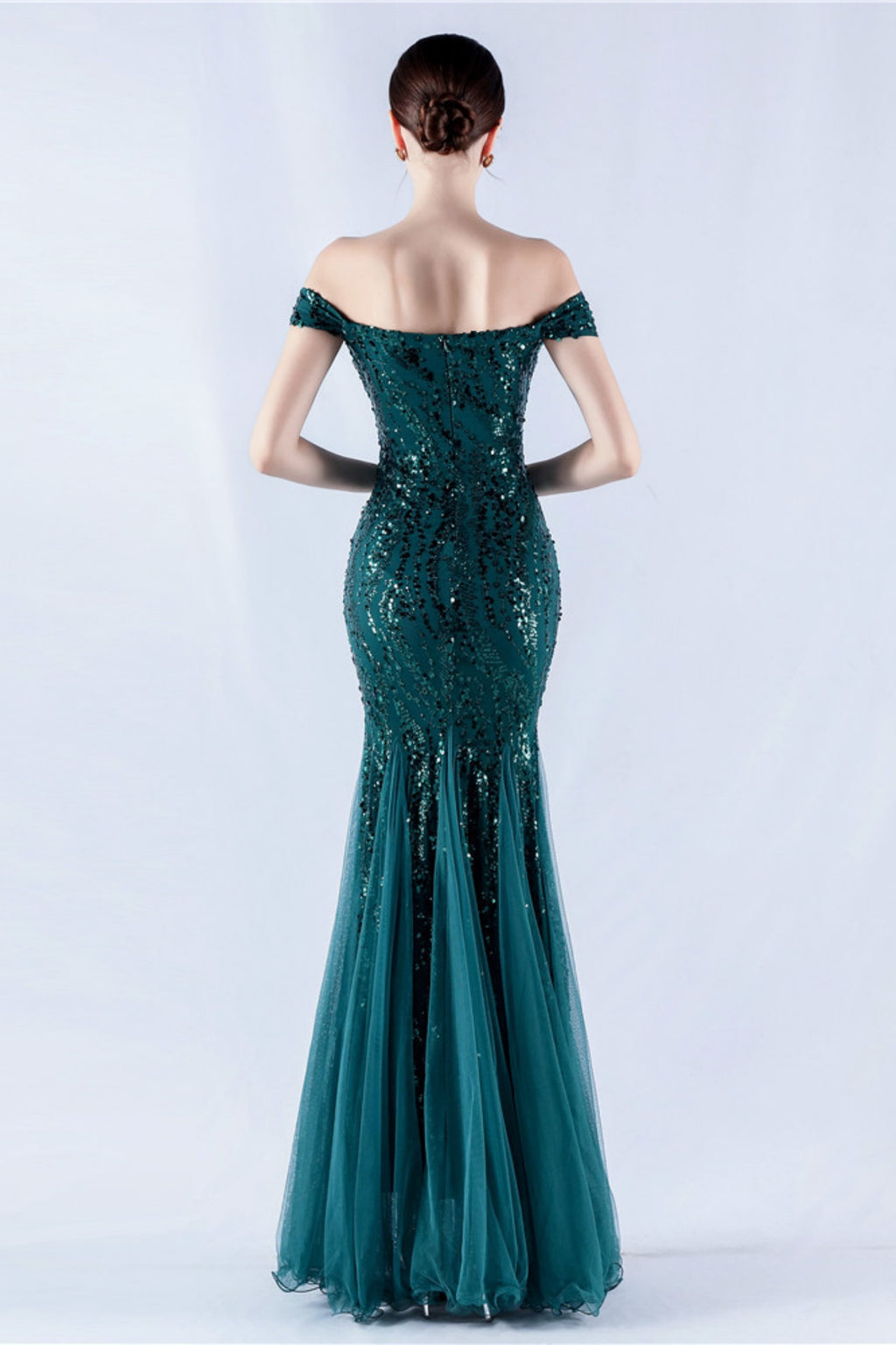 Lennon Dark Green Sequin Tulle Maxi Evening Dress